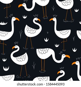 Seamless pattern with cute cartoon flamingos, decor elements on a neutral background. hand drawing. Flat colorful vector. animal theme. design for fabric, textile, print, wrapper