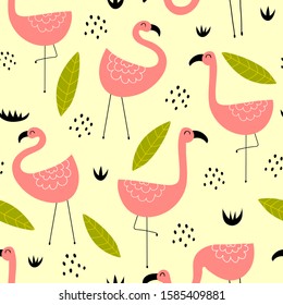 Seamless pattern with cute cartoon flamingos, decor elements on a neutral background. hand drawing. Flat colorful vector. animal theme. design for fabric, textile, print, wrapper