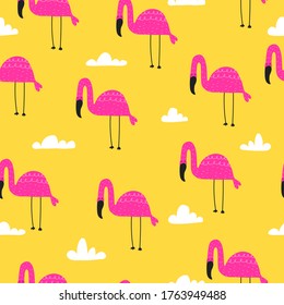Seamless pattern with cute cartoon flamingos, decor elements on a neutral background. hand drawing. Flat colorful vector. animal theme. design for fabric, textile, print, wrapper