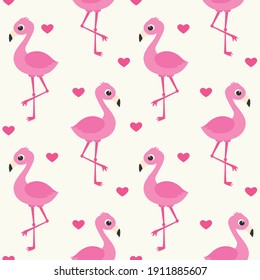 Seamless pattern cute cartoon flamingos with hearts
