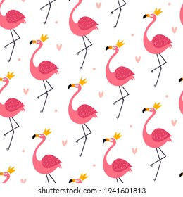 Seamless pattern with cute cartoon flamingos, decor elements. hand drawing. Flat colorful vector. animal theme. design for fabric, textile, print, wrapper