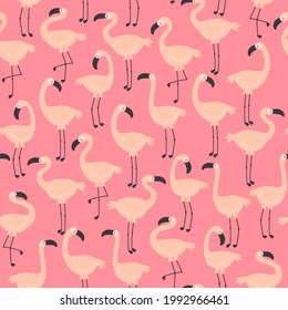 Seamless pattern with cute cartoon flamingos. hand drawing. Flat colorful vector. animal theme. design for fabric, textile, print, wrapper