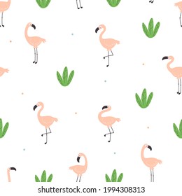 Seamless pattern with cute cartoon flamingos, plant. hand drawing. Flat colorful vector. animal theme. design for fabric, textile, print, wrapper
