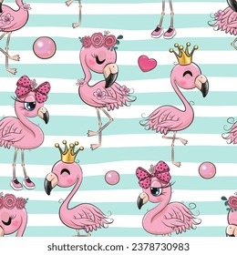 Seamless Pattern with cute cartoon Flamingos