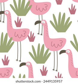 Seamless pattern with cute cartoon flamingos. hand drawing. Flat colorful vector. animal theme. design for fabric, textile, print, wrapper
