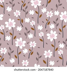 Patrón sin foco con flor de dibujos animados y hojas para impresión de tela, textil, papel de envoltura de regalo. vector colorido para textil, de estilo plano
