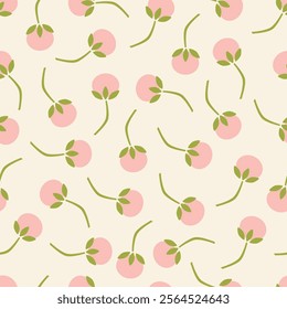 Seamless pattern with cute cartoon flower with dots and green leaves. Motifs scattered random. Spring or summer print for fabric, wrapping, textile, wallpaper, card, paper gift, phone case, stationery