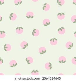 Seamless pattern with cute cartoon flower with dots and green leaves. Motifs scattered random. Spring or summer print for fabric, wrapping, textile, wallpaper, card, paper gift, phone case, stationery