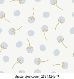 Seamless pattern with cute cartoon flower with dots and green leaves. Motifs scattered random. Spring or summer print for fabric, wrapping, textile, wallpaper, card, paper gift, phone case, stationery