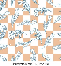 Seamless pattern with cute cartoon  flowers, tulips on checkered white and orange background. Good for pattern fills, surface design, textile, fabric, manufacturing, wrapping paper.Vector
