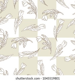 Seamless pattern with cute cartoon  flowers, tulips on checkered background. Good for pattern fills, surface design, textile, fabric, manufacturing, wrapping paper, backdrops, wallpapers and covers. 