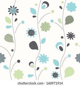 Seamless pattern with cute cartoon flowers and birds