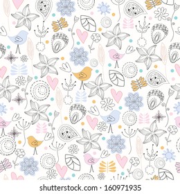 Seamless pattern with cute cartoon flowers and birds