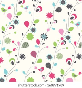 Seamless pattern with cute cartoon flowers and birds
