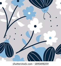 Seamless pattern with cute cartoon flowers and leaves for fabric print, textile, gift wrapping paper. colorful vector for kids, flat style