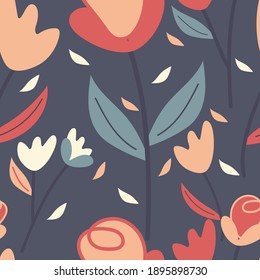 Seamless pattern with cute cartoon flowers and leaves for fabric print, textile, gift wrapping paper. colorful vector for kids, flat style