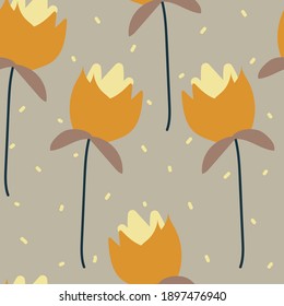 Seamless pattern with cute cartoon flowers and leaves for fabric print, textile, gift wrapping paper. colorful vector for kids, flat style