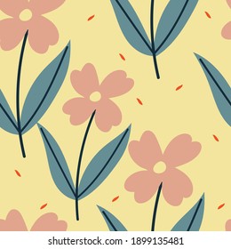 Nahtloses Muster mit süßen Cartoon-Blumen und Blättern für Stoffdruck, Textilien, Geschenkpapier. bunter Vektorgrafik für Kinder, flacher Stil