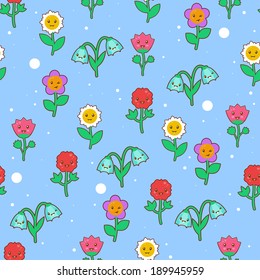 Seamless pattern with cute cartoon flowers