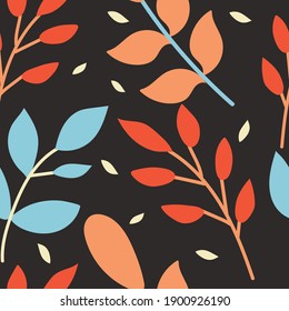 Patrón sin foco con lindas flores de dibujos animados y hojas para impresión de tela, textil, papel de envoltura de regalo. vector colorido para los niños, de estilo plano