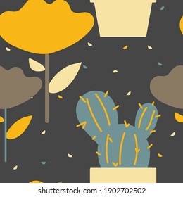 Seamless pattern with cute cartoon flowers and cactus for fabric print, textile, gift wrapping paper. colorful vector for kids, flat style