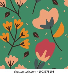 Seamless pattern with cute cartoon flowers and leaves for fabric print, textile, gift wrapping paper. colorful vector for kids, flat style
