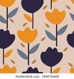 Seamless pattern with cute cartoon flowers and leaves for fabric print, textile, gift wrapping paper. colorful vector for kids, flat style