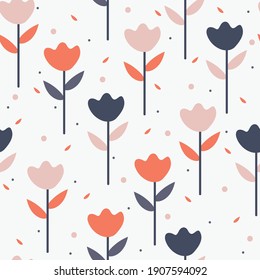 Seamless pattern with cute cartoon flowers and leaves for fabric print, textile, gift wrapping paper. colorful vector for kids, flat style