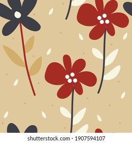 Seamless pattern with cute cartoon flowers and leaves for fabric print, textile, gift wrapping paper. colorful vector for kids, flat style