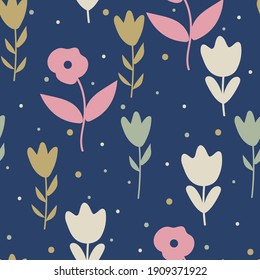 Seamless pattern with cute cartoon flowers and leaves for fabric print, textile, gift wrapping paper. colorful vector for kids, flat style