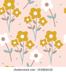 Patrón sin foco con lindas flores de dibujos animados y hojas para impresión de tela, textil, papel de envoltura de regalo. vector colorido para los niños, de estilo plano