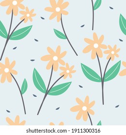 Patrón sin foco con lindas flores de dibujos animados y hojas para impresión de tela, textil, papel de envoltura de regalo. vector colorido para los niños, de estilo plano