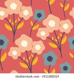 Nahtloses Muster mit süßen Cartoon-Blumen und Blättern für Stoffdruck, Textilien, Geschenkpapier. bunter Vektorgrafik für Kinder, flacher Stil