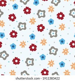Patrón sin foco con lindas flores de dibujos animados y hojas para impresión de tela, textil, papel de envoltura de regalo. vector colorido para los niños, de estilo plano
