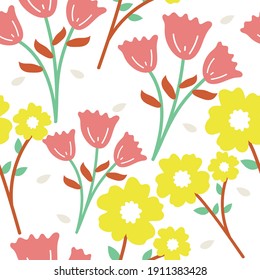 Seamless pattern with cute cartoon flowers and leaves for fabric print, textile, gift wrapping paper. colorful vector for kids, flat style