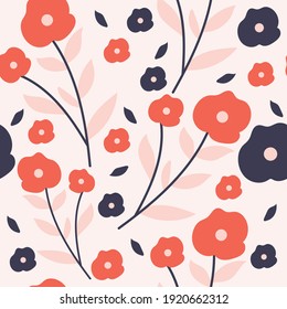 Patrón sin foco con lindas flores de dibujos animados y hojas para impresión de tela, textil, papel de envoltura de regalo. vector colorido para los niños, de estilo plano
