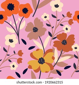 Patrón sin foco con lindas flores de dibujos animados y hojas para impresión de tela, textil, papel de envoltura de regalo. vector colorido para los niños, de estilo plano