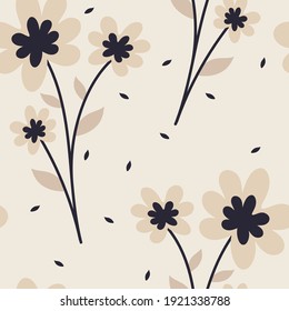 Patrón sin foco con lindas flores de dibujos animados y hojas para impresión de tela, textil, papel de envoltura de regalo. vector colorido para los niños, de estilo plano