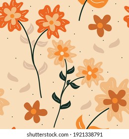 Patrón sin foco con lindas flores de dibujos animados y hojas para impresión de tela, textil, papel de envoltura de regalo. vector colorido para los niños, de estilo plano