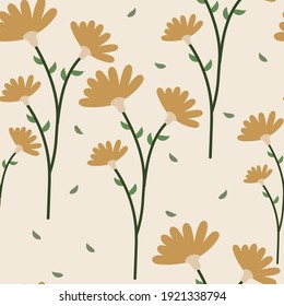 Patrón sin foco con lindas flores de dibujos animados y hojas para impresión de tela, textil, papel de envoltura de regalo. vector colorido para los niños, de estilo plano
