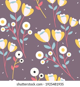 Seamless pattern with cute cartoon flowers and leaves for fabric print, textile, gift wrapping paper. colorful vector for kids, flat style