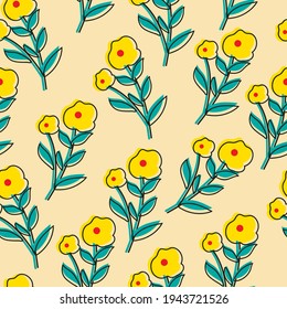 Seamless pattern with cute cartoon flowers and leaves for fabric print, textile, gift wrapping paper. colorful vector for kids, flat style
