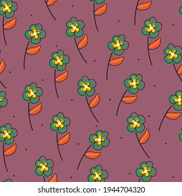 Patrón sin foco con lindas flores de dibujos animados y hojas para impresión de tela, textil, papel de envoltura de regalo. vector colorido para los niños, de estilo plano