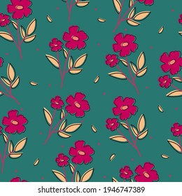 Seamless pattern with cute cartoon flowers and leaves for fabric print, textile, gift wrapping paper. colorful vector for kids, flat style