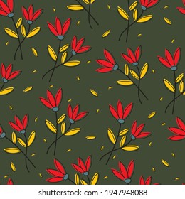 Seamless pattern with cute cartoon flowers and leaves for fabric print, textile, gift wrapping paper. colorful vector for kids, flat style