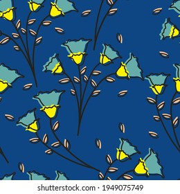 Patrón sin foco con lindas flores de dibujos animados y hojas para impresión de tela, textil, papel de envoltura de regalo. vector colorido para los niños, de estilo plano