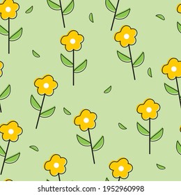 Patrón sin foco con lindas flores de dibujos animados y hojas para impresión de tela, textil, papel de envoltura de regalo. vector colorido para los niños, de estilo plano