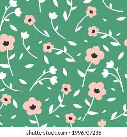 Nahtloses Muster mit süßen Cartoon-Blumen und Blättern für Stoffdruck, Textilien, Geschenkpapier. bunter Vektorgrafik für Textilien, flach