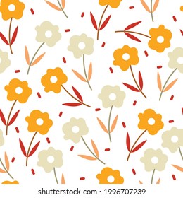 Seamless pattern with cute cartoon flowers and leaves for fabric print, textile, gift wrapping paper. colorful vector for textile, flat style