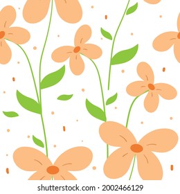 Patrón sin foco con lindas flores de dibujos animados y hojas para impresión de tela, textil, papel de envoltura de regalo. vector colorido para textil, de estilo plano